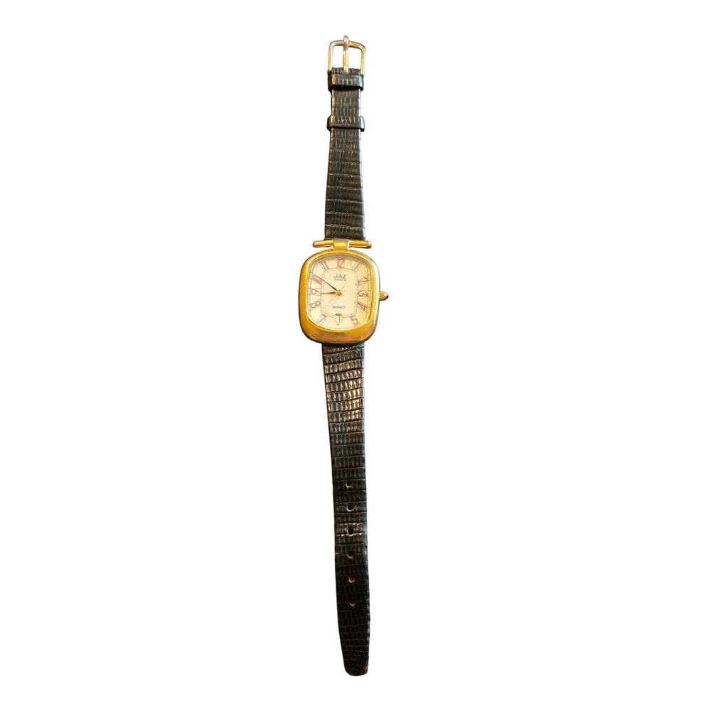 Jaz Paris Quartz Watch Women OS Black Gold Good Vintage Lizard Strap Date France